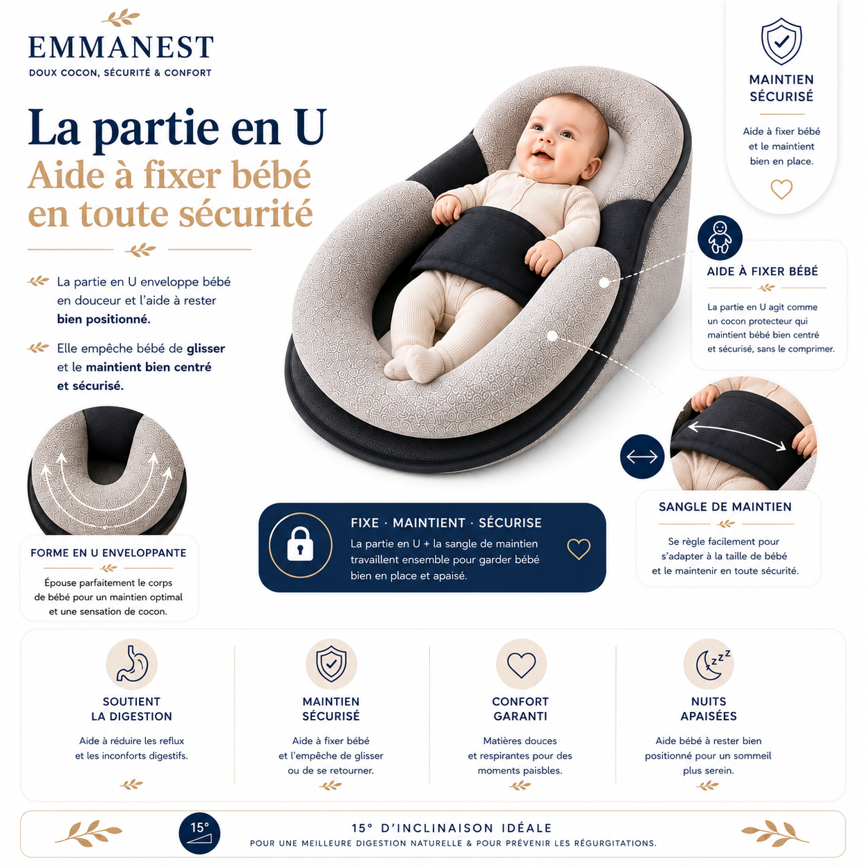 Coussin Anti-Reflux Bébé Emmanest — Inclinaison Ergonomique 17 cm