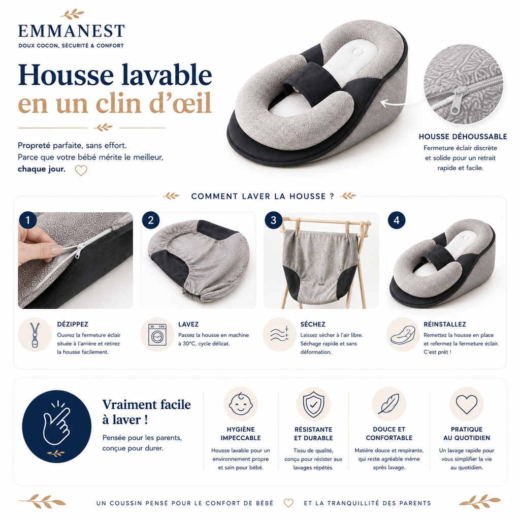 Coussin Anti-Reflux Bébé Emmanest — Inclinaison Ergonomique 17 cm