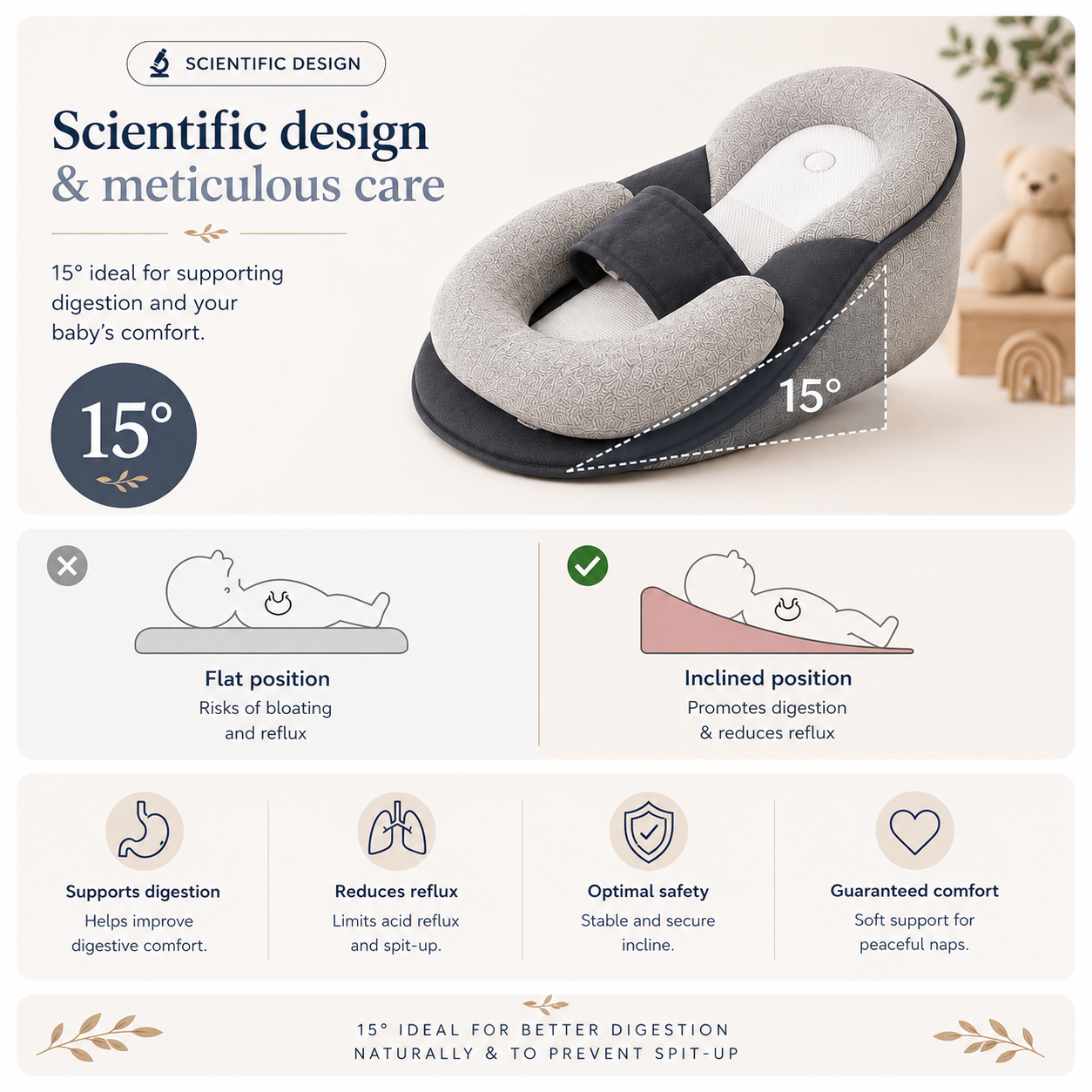 Coussin anti-reflux Emmanest — détail de la housse douce, respirante et lavable