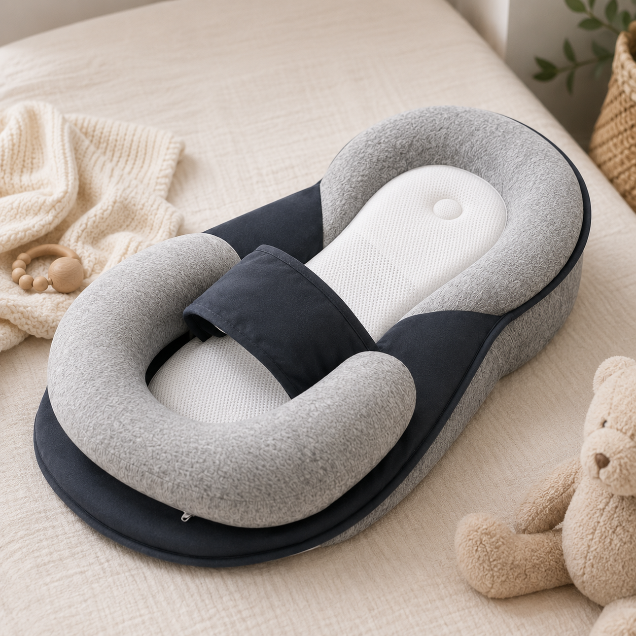 Coussin anti-reflux bébé Emmanest — vue d'ensemble, inclinaison ergonomique et housse douce
