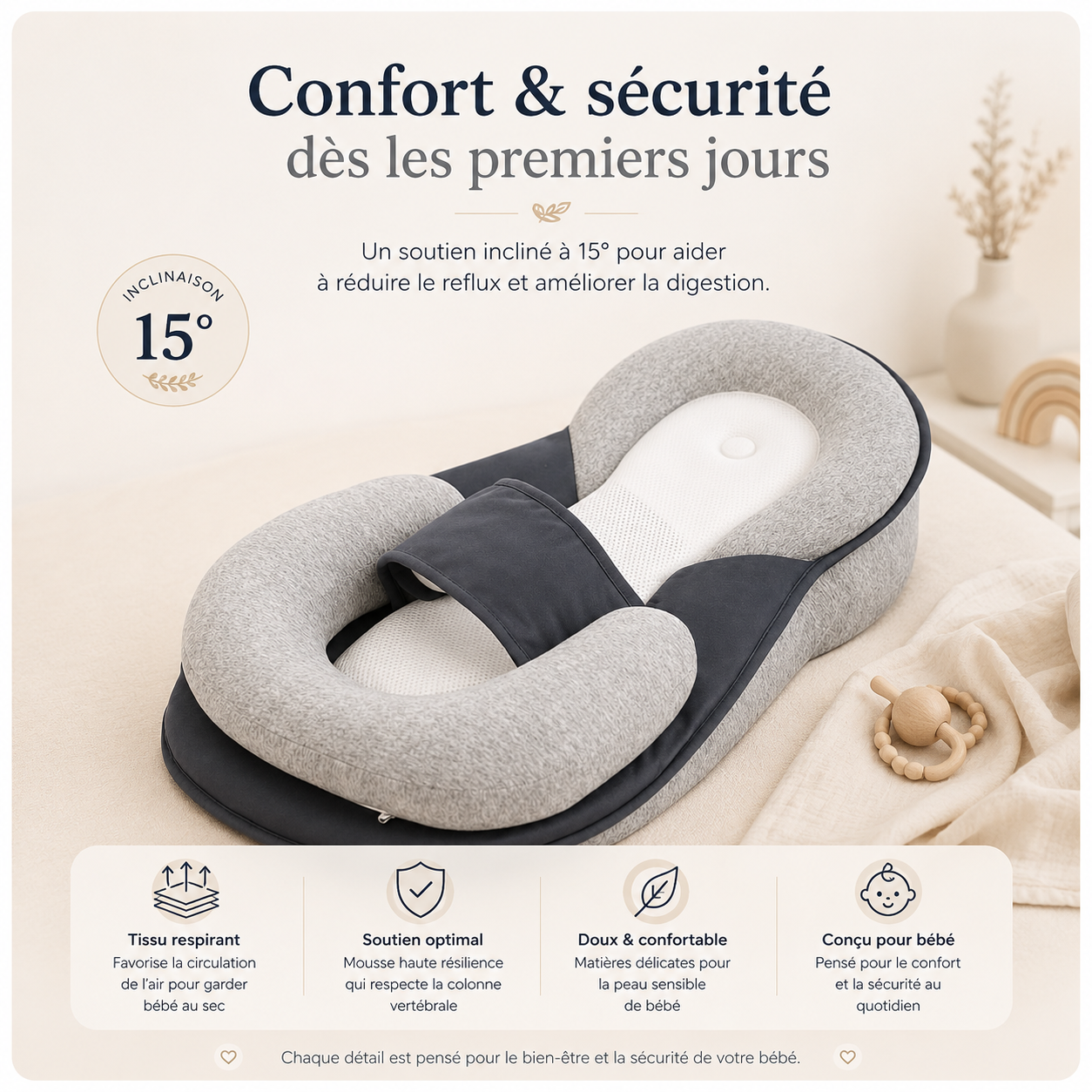 Coussin anti-reflux Emmanest — mousse ferme et maintien stable du nourrisson